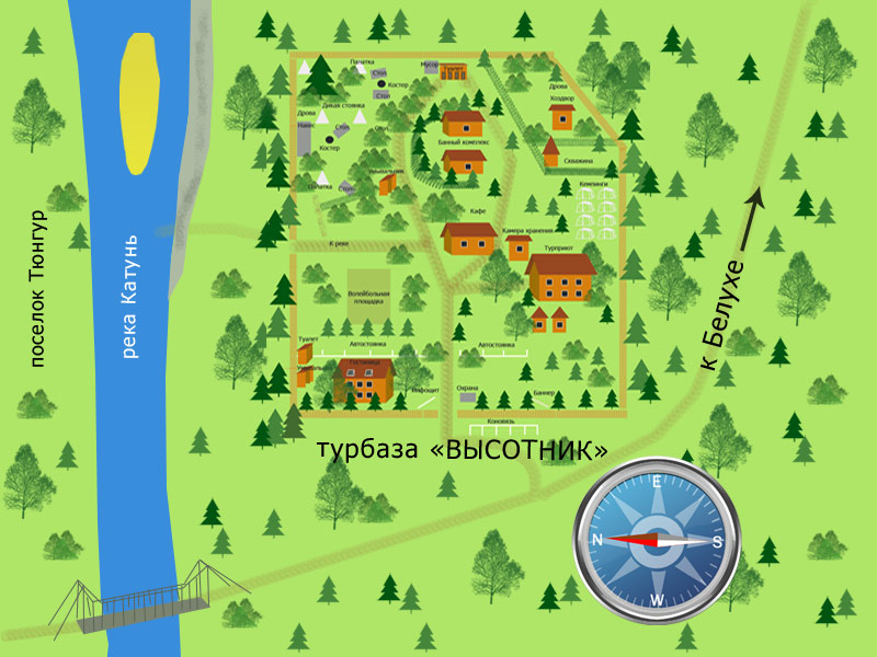 Расположение турбазы Высотник, общая карта-схема местности