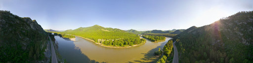 3D панорамы Горного Алтая. Берег реки Катунь в районе озера Ая - с вертолета